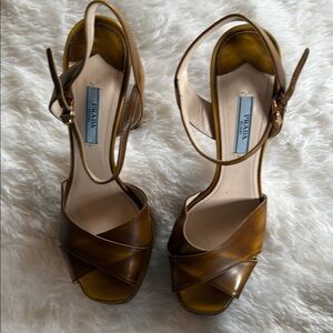 Prada Brown Patent Leather Heels with Ankle Strap